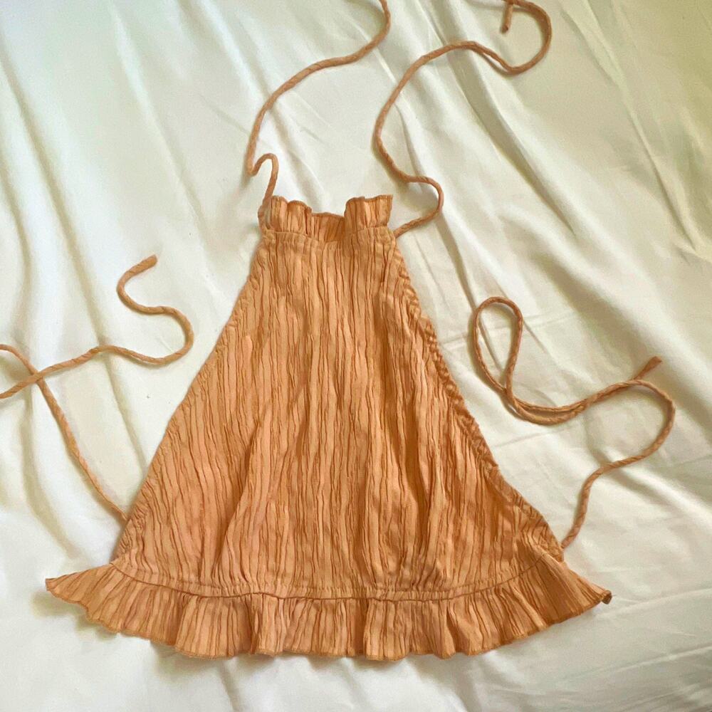 Women’s Beige Solid Crinkle Halter Top Tie Neck Ruffle Hem Sleeveless XS